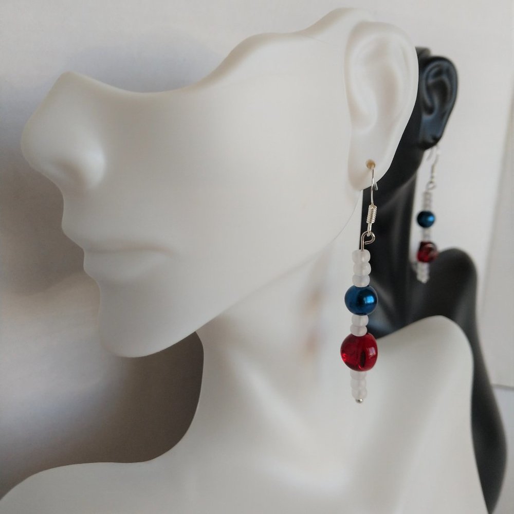 Handmade Red White and Blue Beaded Drop Earrings on Silver Plated Fishhook Wires